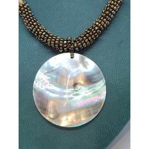 Lia Sophia Corded Abalone Shell MOP Pendant Seed Beaded Beach Boho Necklace